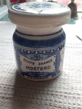 Vintage Hand Painted Delft Blue Holland Windmill and Ship Porcelain Mustard Pot